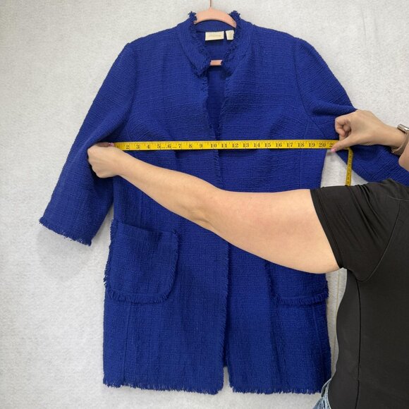 Chicos Jacket Womens 2 Blue Textured Fringe Open Front Pockets Casual Boho Coat - Picture 4 of 8